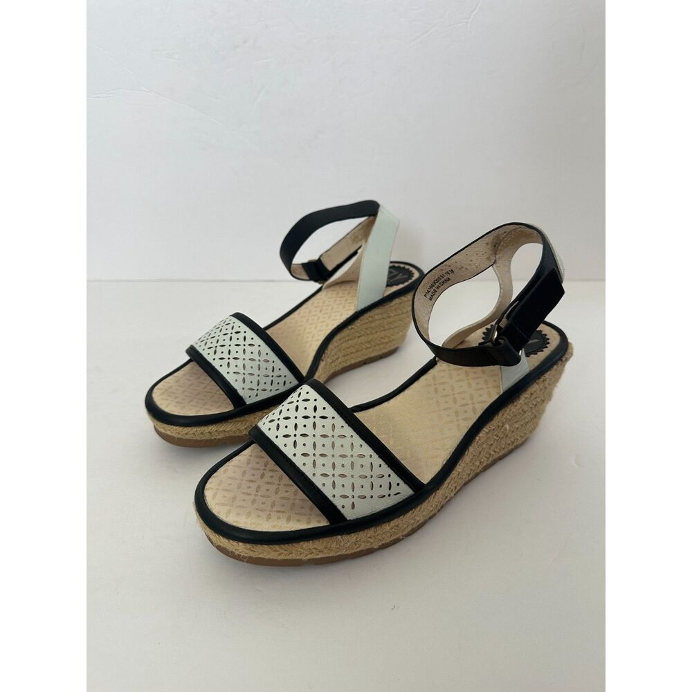 FLY London Sandal Wedge Espadrille Ekal White Black Womens 38 / 7.5